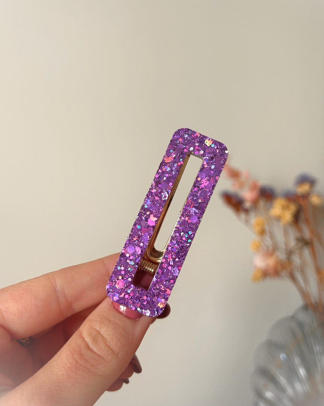 Barrette rectangle - Paillettes violettes